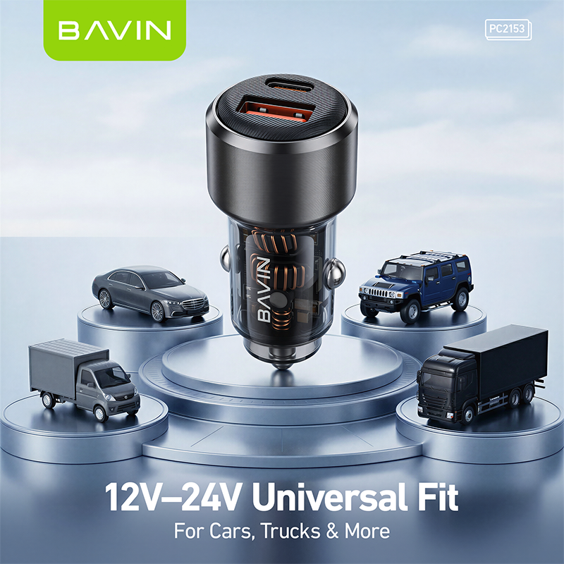 BAVIN PC2153 Mini 65W PD Fast Charging Car Charger w/USB-C+USB-A Ports+1m Cable for Phones/Laptops