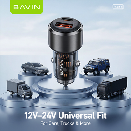BAVIN PC2153 Mini 65W PD Fast Charging Car Charger w/USB-C+USB-A Ports+1m Cable for Phones/Laptops
