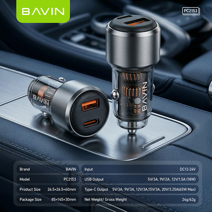 BAVIN PC2153 Mini 65W PD Fast Charging Car Charger w/USB-C+USB-A Ports+1m Cable for Phones/Laptops