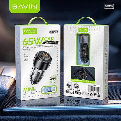 BAVIN PC2153 Mini 65W PD Fast Charging Car Charger w/USB-C+USB-A Ports+1m Cable for Phones/Laptops