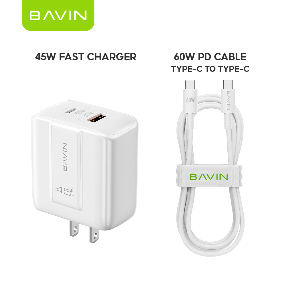 BAVIN PC2187 Portable 45W PD Fast Charger Dual USB C Wall Adapter w/ 1M Cable for iPhone 18/Android/Laptop