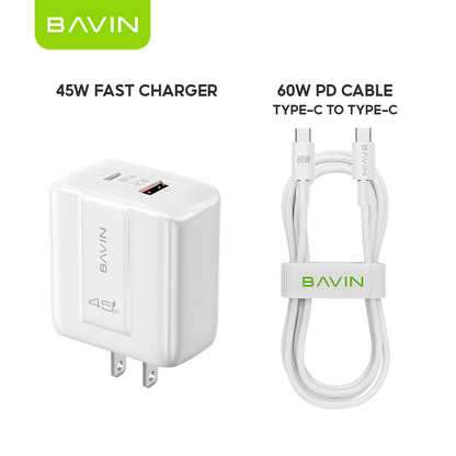 BAVIN PC2187 Portable 45W PD Fast Charger Dual USB C Wall Adapter w/ 1M Cable for iPhone 18/Android/Laptop