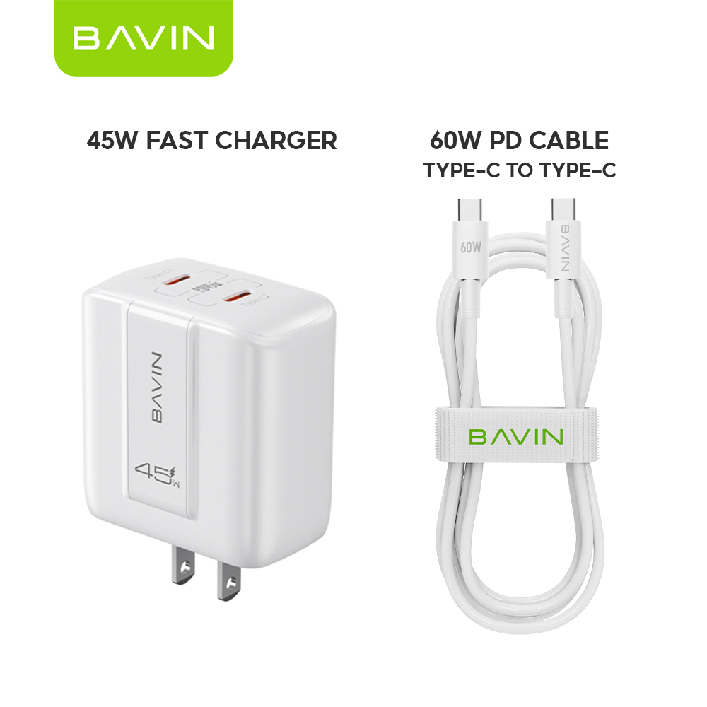 BAVIN PC2187 Portable 45W PD Fast Charger Dual USB C Wall Adapter w/ 1M Cable for iPhone 18/Android/Laptop