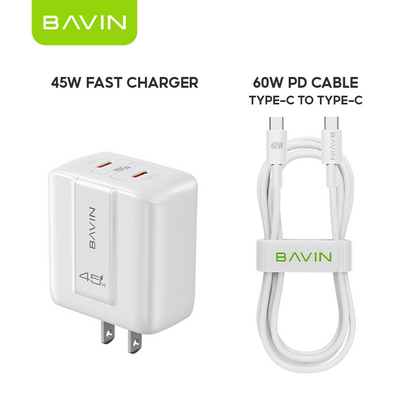 BAVIN PC2187 Portable 45W PD Fast Charger Dual USB C Wall Adapter w/ 1M Cable for iPhone 18/Android/Laptop