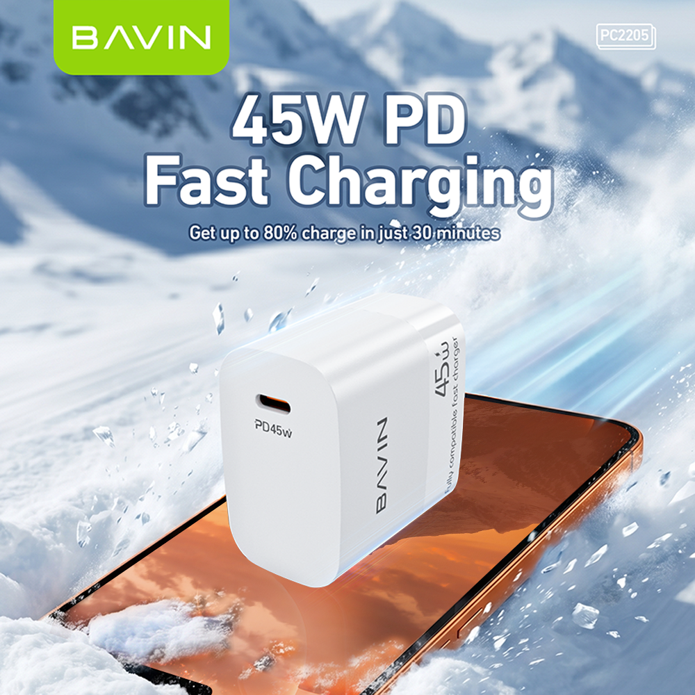 BAVIN PC2205 45W GaN PD USB-C Fast Charging Charger + 1M 100W Data Cable for Laptop, iPhone 17, Android