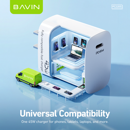 BAVIN PC2205 45W GaN PD USB-C Fast Charging Charger + 1M 100W Data Cable for Laptop, iPhone 17, Android