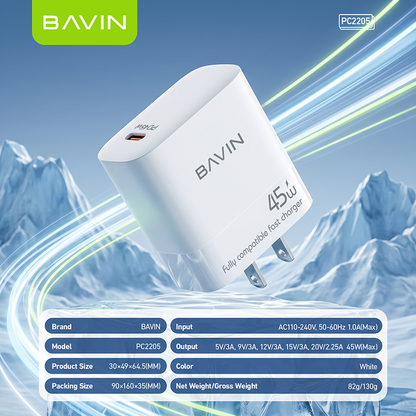 BAVIN PC2205 45W GaN PD USB-C Fast Charging Charger + 1M 100W Data Cable for Laptop, iPhone 17, Android