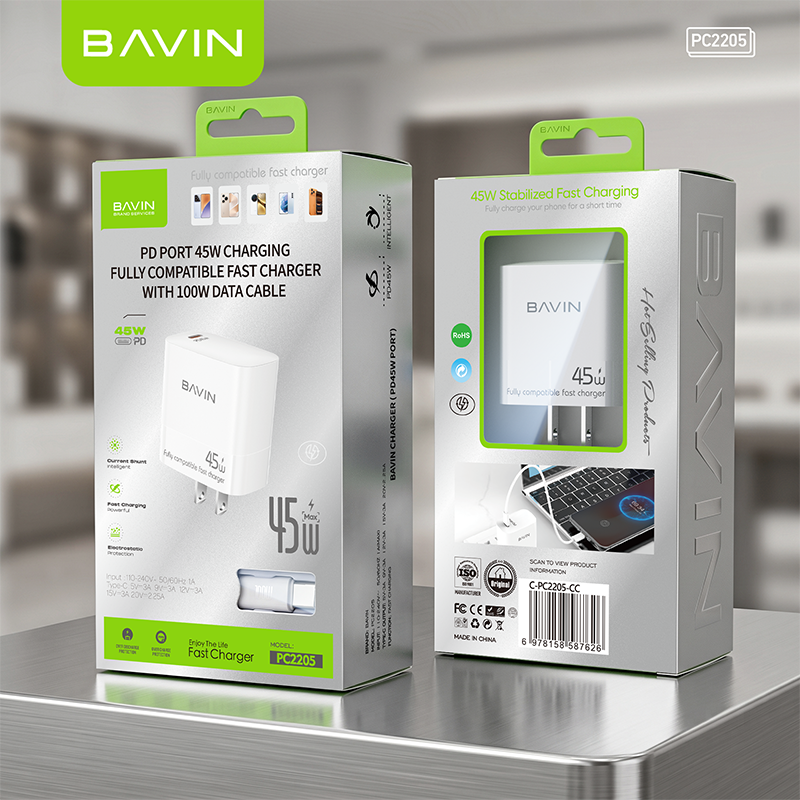 BAVIN PC2205 45W GaN PD USB-C Fast Charging Charger + 1M 100W Data Cable for Laptop, iPhone 17, Android