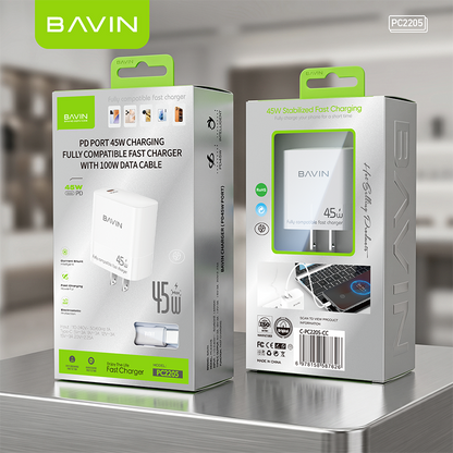 BAVIN PC2205 45W GaN PD USB-C Fast Charging Charger + 1M 100W Data Cable for Laptop, iPhone 17, Android