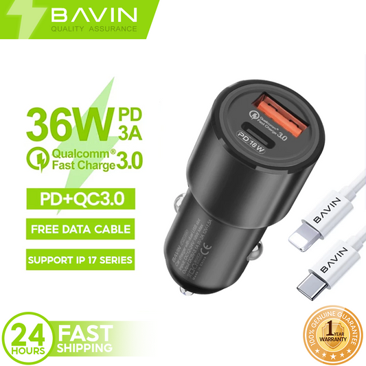 BAVIN PC329 36W Max PD Type-C + USB QC.30 Dual Port Fast Car Charger Set w/ 1m Cable Suitable for Android & iPhone 17