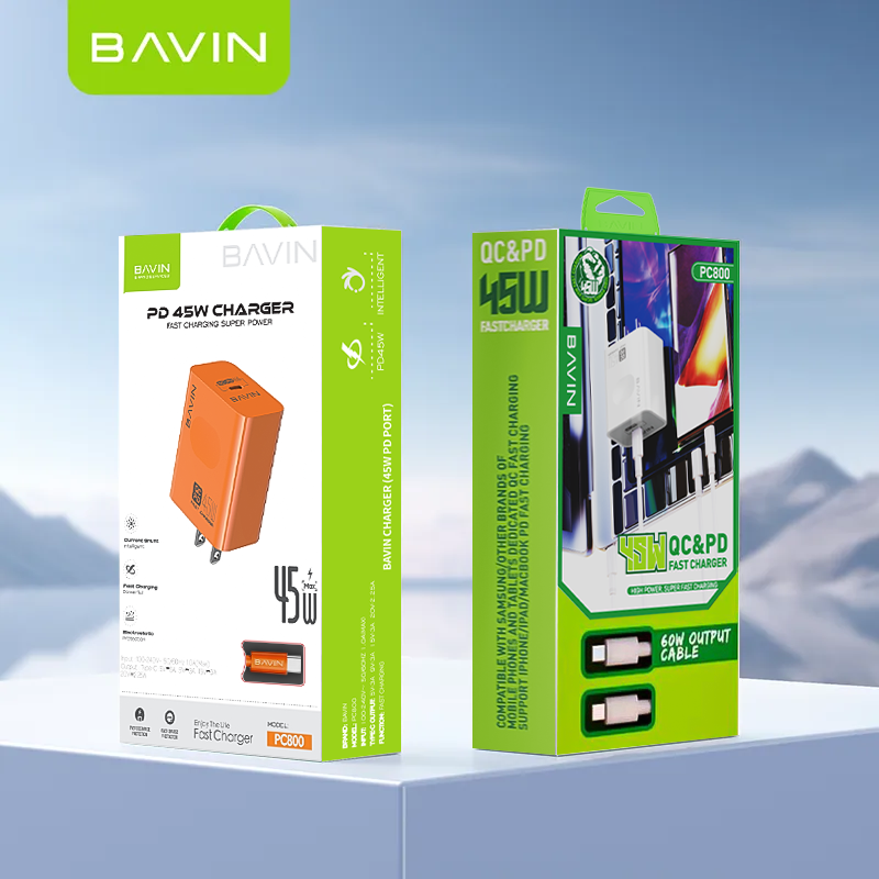 BAVIN PC800 45W PD Fast Charging Adapter Type-C Port Supports for iPhone 17 & Laptop w/ Date Cable