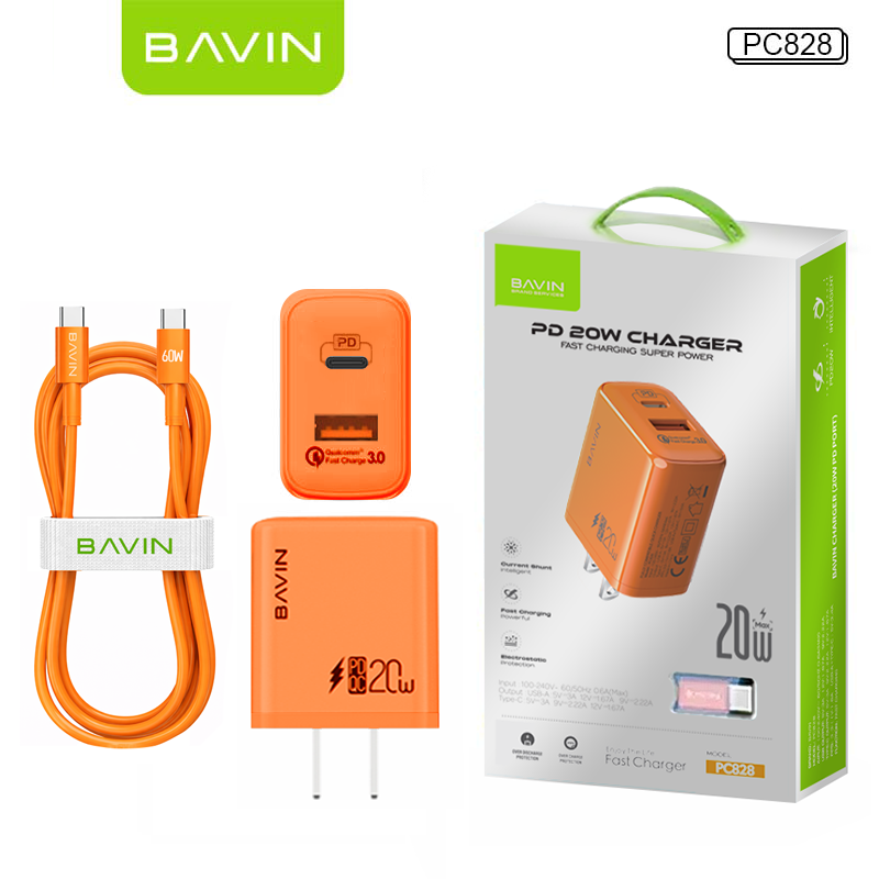 BAVIN PC828 / PC827 20W PD Fast Charging Charger Dual Type-C & USB Port Adapter for iPhone 16 Series