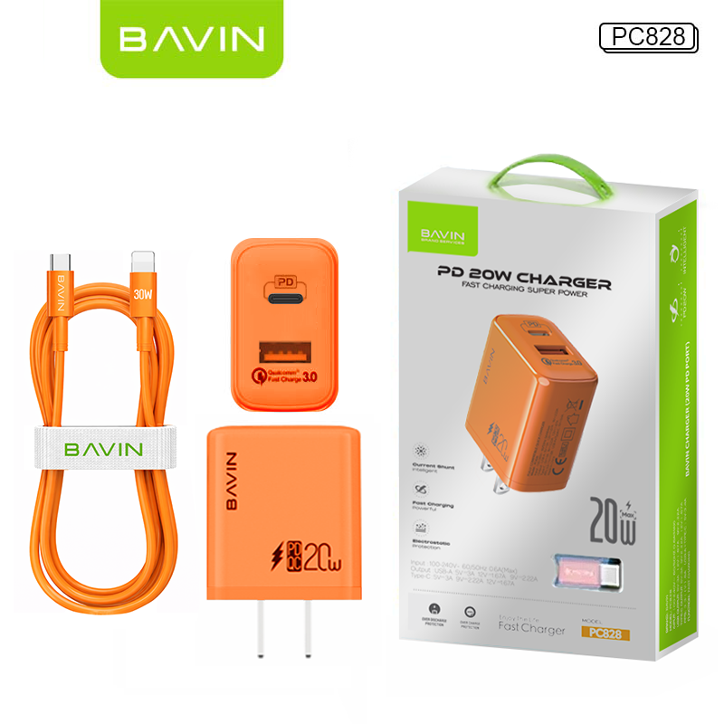 BAVIN PC828 / PC827 20W PD Fast Charging Charger Dual Type-C & USB Port Adapter for iPhone 16 Series