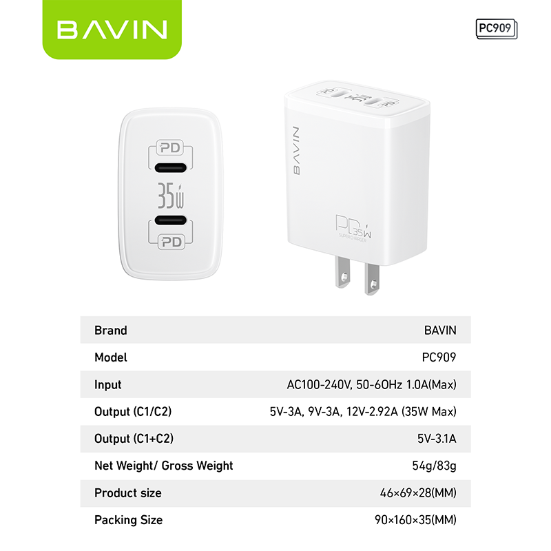 BAVIN PC909 36W Fast Charging Charger w/ USB-C Port / USB Port Compatible for Laptop & iPhone 17
