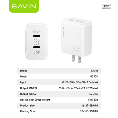 BAVIN PC909 36W Fast Charging Charger w/ USB-C Port / USB Port Compatible for Laptop & iPhone 17