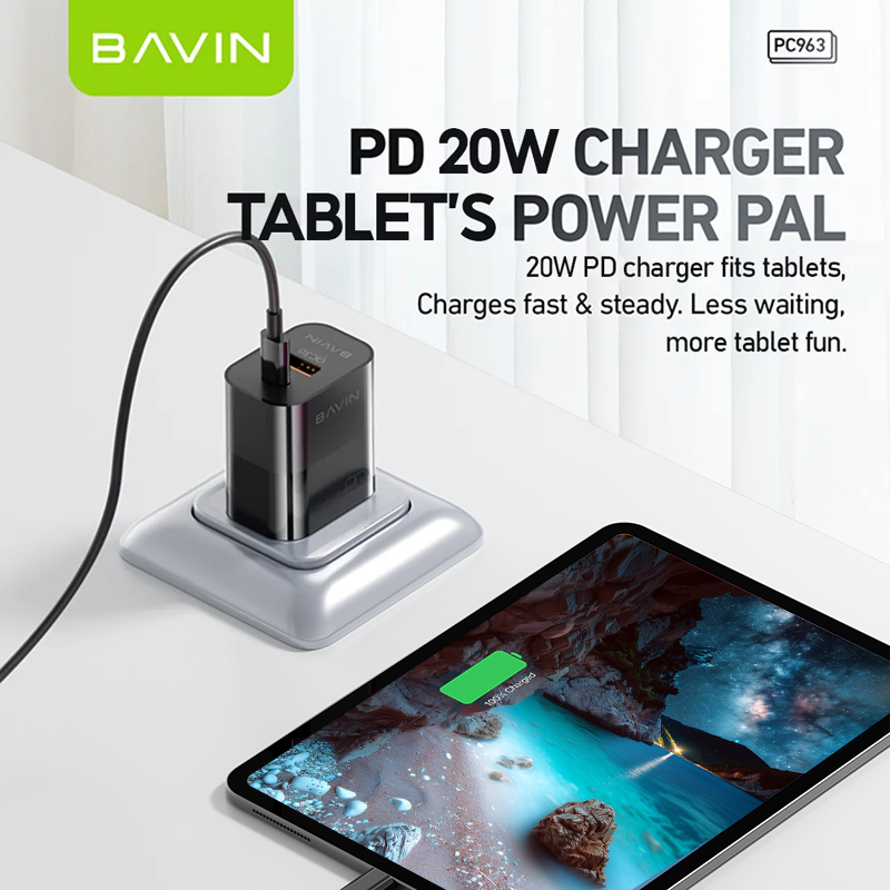 BAVIN PC963 20W PD Fast Charging AC Adapter w/ Dual Port Type-C & USB Port QC3.0 w/ 30W PD Cable