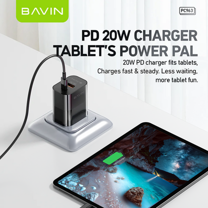 BAVIN PC963 20W PD Fast Charging AC Adapter w/ Dual Port Type-C & USB Port QC3.0 w/ 30W PD Cable