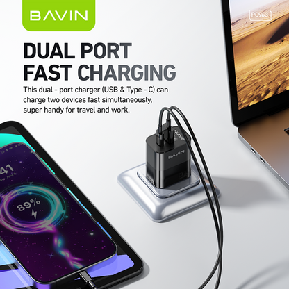 BAVIN C-PC963-PD Fast Charger w/ Dual Type-C & USB QC3.0