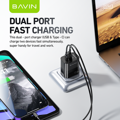 BAVIN PC963 20W PD Fast Charging AC Adapter w/ Dual Port Type-C & USB Port QC3.0 w/ 30W PD Cable