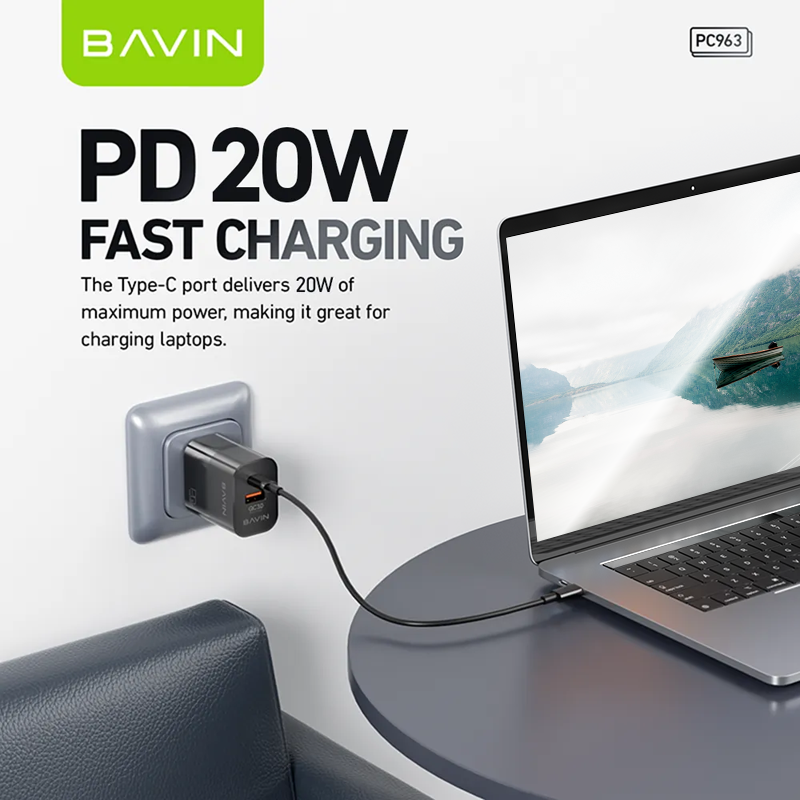 BAVIN PC963 20W PD Fast Charging AC Adapter w/ Dual Port Type-C & USB Port QC3.0 w/ 30W PD Cable
