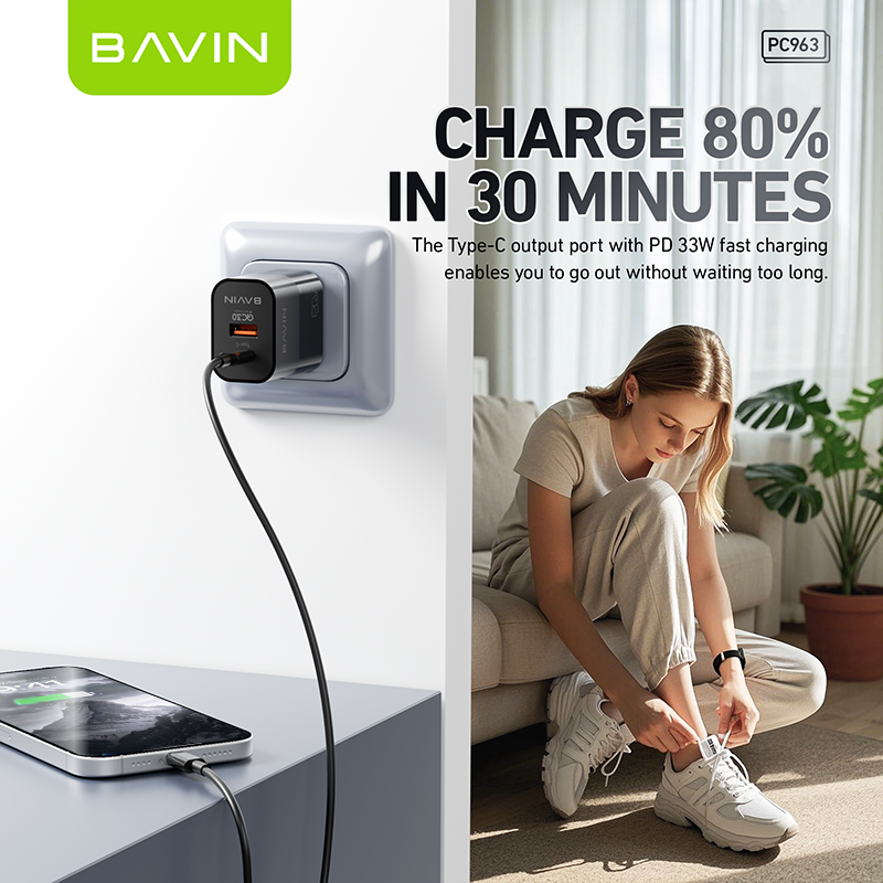 BAVIN PC963 20W PD Fast Charging AC Adapter w/ Dual Port Type-C & USB Port QC3.0 w/ 30W PD Cable