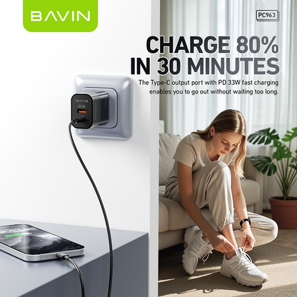 BAVIN PC963 20W PD Fast Charging AC Adapter w/ Dual Port Type-C & USB Port QC3.0 w/ 30W PD Cable