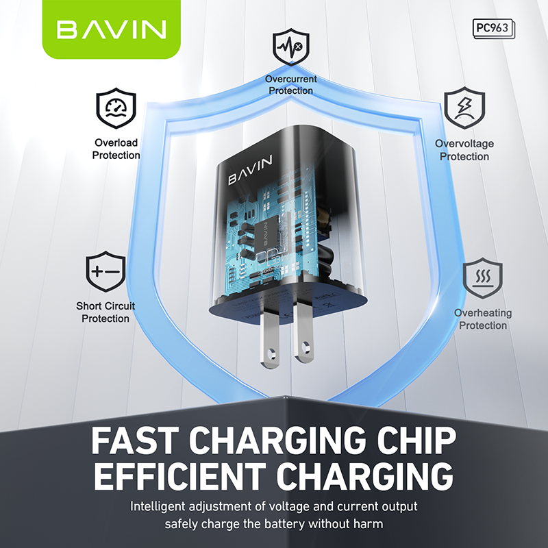 BAVIN PC963 20W PD Fast Charging AC Adapter w/ Dual Port Type-C & USB Port QC3.0 w/ 30W PD Cable