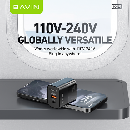 BAVIN PC963 20W PD Fast Charging AC Adapter w/ Dual Port Type-C & USB Port QC3.0 w/ 30W PD Cable