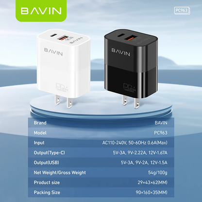 BAVIN PC963 20W PD Fast Charging AC Adapter w/ Dual Port Type-C & USB Port QC3.0 w/ 30W PD Cable