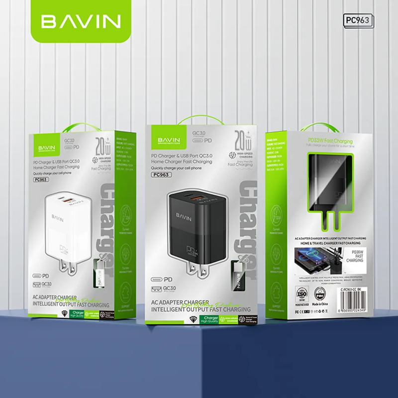 BAVIN PC963 20W PD Fast Charging AC Adapter w/ Dual Port Type-C & USB Port QC3.0 w/ 30W PD Cable