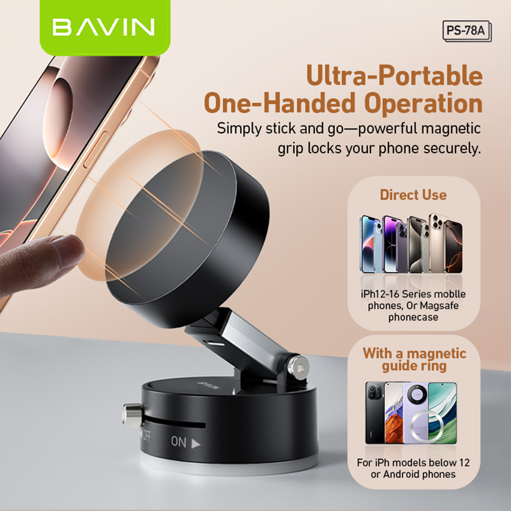BAVIN D-S-PS78 Portable Magnetic Phone Holder w/ Vacuum Grip & Multi-Angle Adjustment