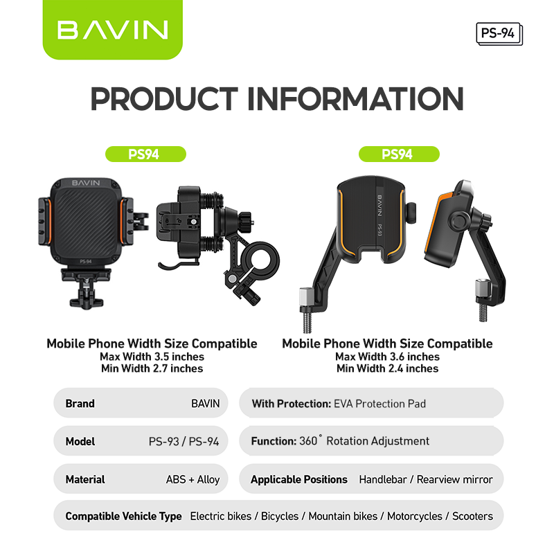 BAVIN PS93 / PS94 360° Adjustable Rearview Mirror & Handlebar Phone Holder for Motorcycle & Bike