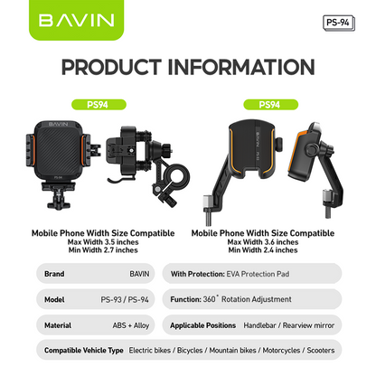 BAVIN PS93 / PS94 360° Adjustable Rearview Mirror & Handlebar Phone Holder for Motorcycle & Bike
