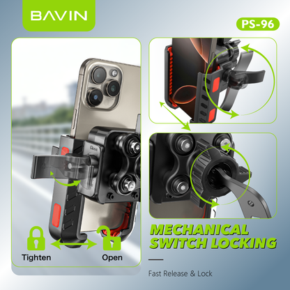 BAVIN PS96 Universal Shockproof Motorcycle Phone Holder Secure Lock & 360° Rotatable Navigation Mount