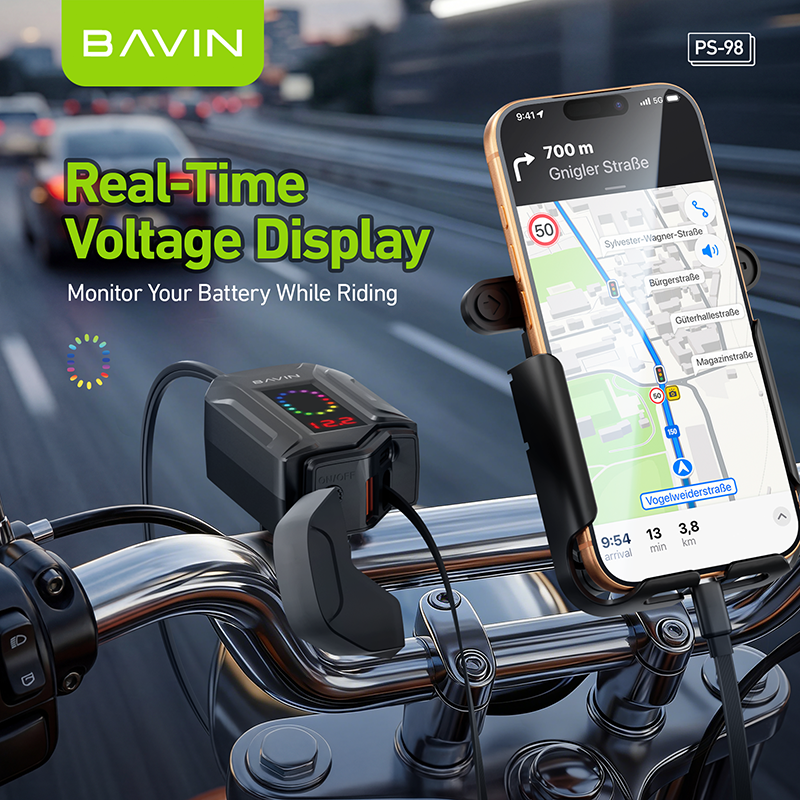 BAVIN PS98 30W Fast Charger for Motorcycles w/ Built-In Retractable Type-C Cable & USB + Type-C Port