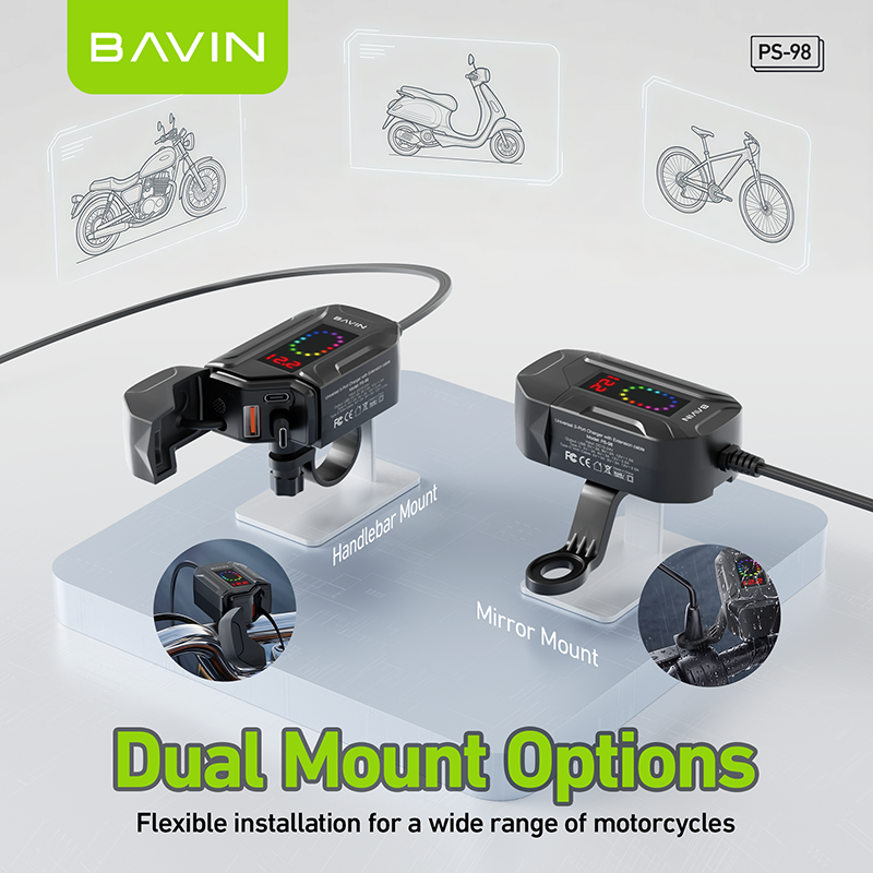 BAVIN PS98 30W Fast Charger for Motorcycles w/ Built-In Retractable Type-C Cable & USB + Type-C Port