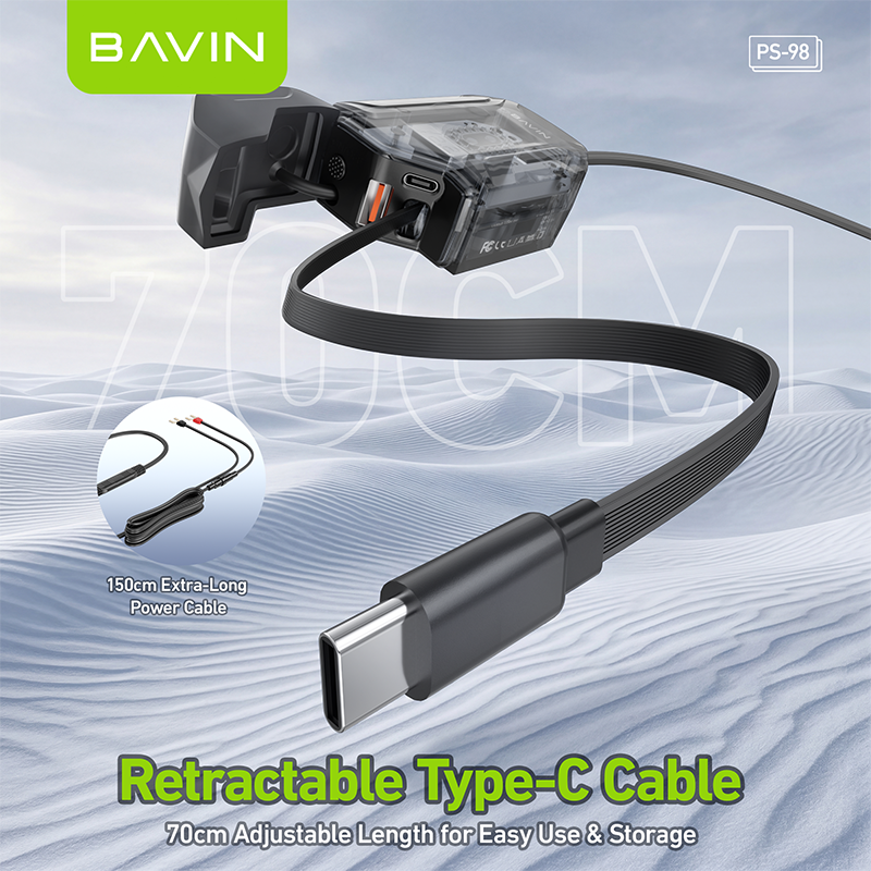 BAVIN PS98 30W Fast Charger for Motorcycles w/ Built-In Retractable Type-C Cable & USB + Type-C Port