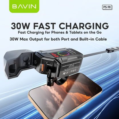 BAVIN PS98 30W Fast Charger for Motorcycles w/ Built-In Retractable Type-C Cable & USB + Type-C Port