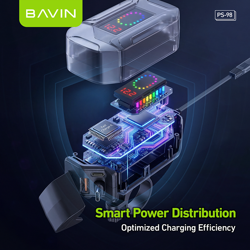 BAVIN PS98 30W Fast Charger for Motorcycles w/ Built-In Retractable Type-C Cable & USB + Type-C Port