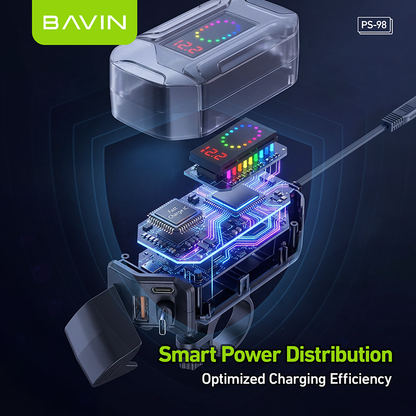 BAVIN PS98 30W Fast Charger for Motorcycles w/ Built-In Retractable Type-C Cable & USB + Type-C Port