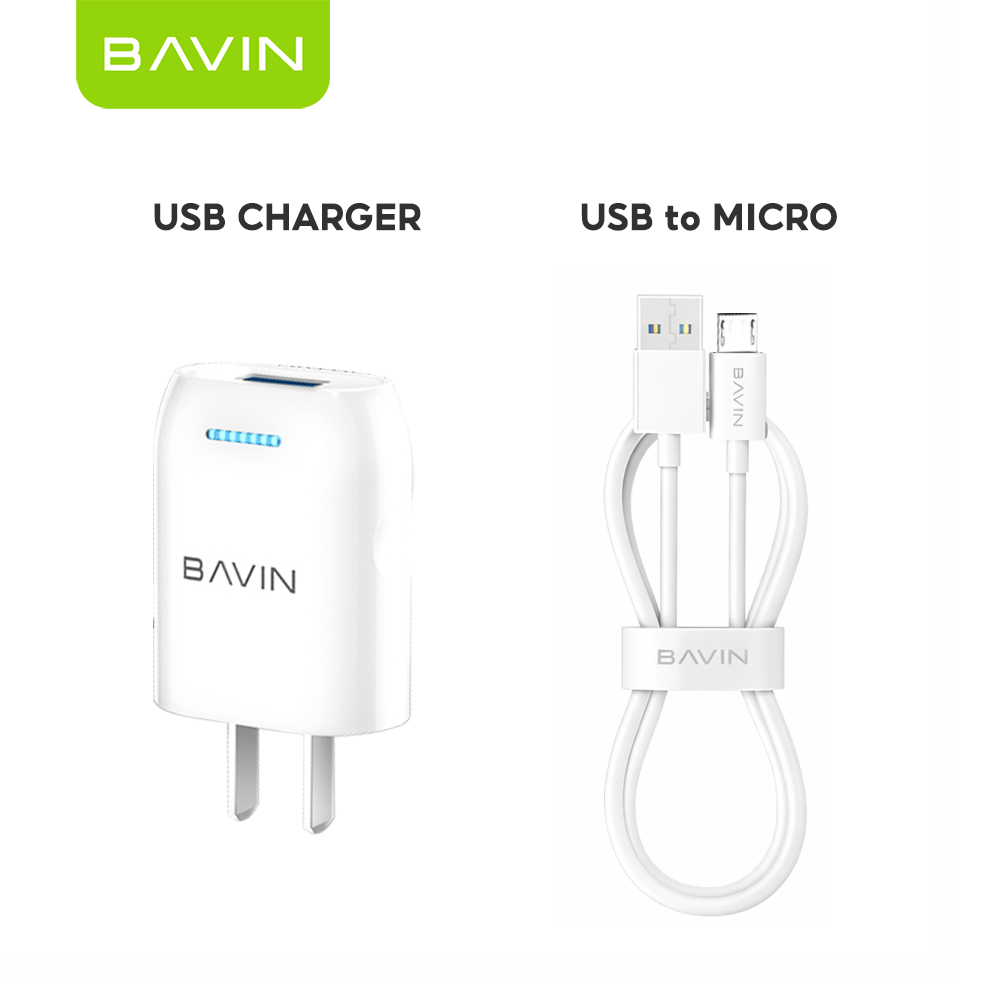 BAVIN PC752 Mini Wall Charger Overcharging Protection Quick Charge w/ USB Cable for Micro/iPhone/Type-C