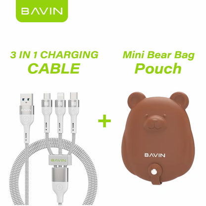 BAVIN U-CB236-3 3in1 Fast Charging Braided Cable, 18W High Density Safe Compatible w/ Micro iPh & Type-C w/Free Bear Organizer