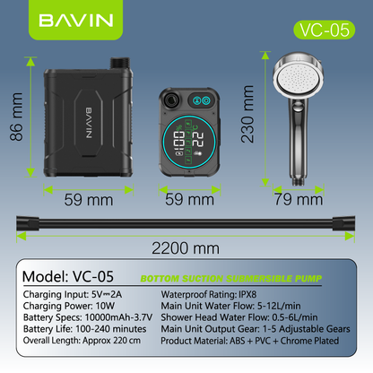 BAVIN VC05 Portable 10000mAh Camping Electric Outdoor Shower –Multi-Purpose for Camping & Hiking