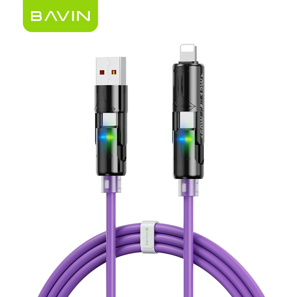 BAVIN U-CB394 60W 4-in-1 Silicone Fast Charging Cable w/ RGB Light Type-C & iPhone for Laptop, Tablet & Phones