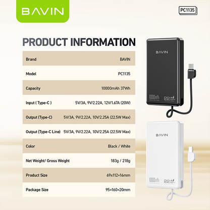 BAVIN Y-PC1135 10000mAh 22.5W Fast Powerbank with Type-C Cable & Lanyard Strap