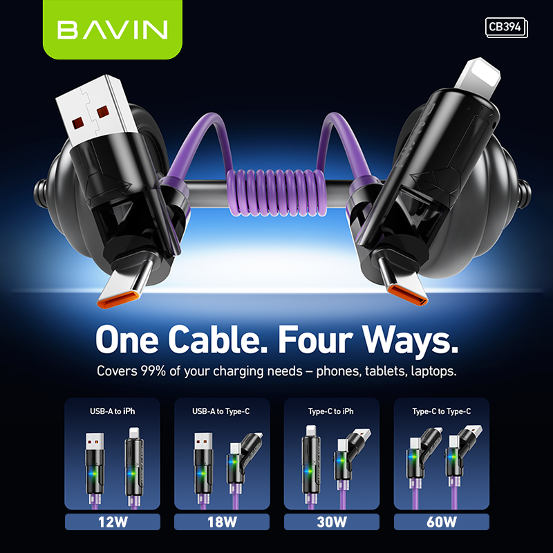 BAVIN U-CB394 60W 4-in-1 Silicone Fast Charging Cable w/ RGB Light Type-C & iPhone for Laptop, Tablet & Phones