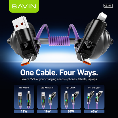BAVIN U-CB394 60W 4-in-1 Silicone Fast Charging Cable w/ RGB Light Type-C & iPhone for Laptop, Tablet & Phones