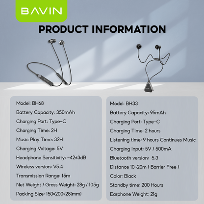 BAVIN BH68 / BH33 HiFi Wireless Bluetooth Neckband Sports Earphones w/ Type-C Fast Charging and Magnetic Suction Design