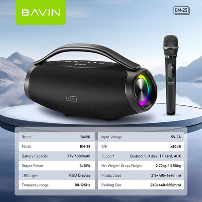 BAVIN BM25 Outdoor Wireless Speaker Bluetooth Splashproof w/ RGB Lighting & Wireless Microphone
