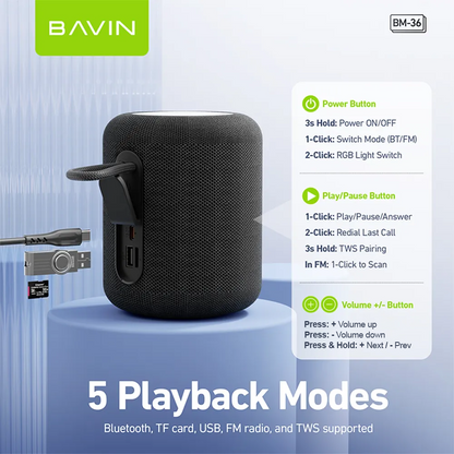 BAVIN BM36 Hi-Res Portable Wireless Bluetooth Speaker Big Sound Deep Bass TWS Stereo with RGB Light